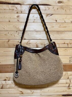 Brighton Tan Woven Straw Brown Croc Leather trim Braided strap Zip Shoulder Bag